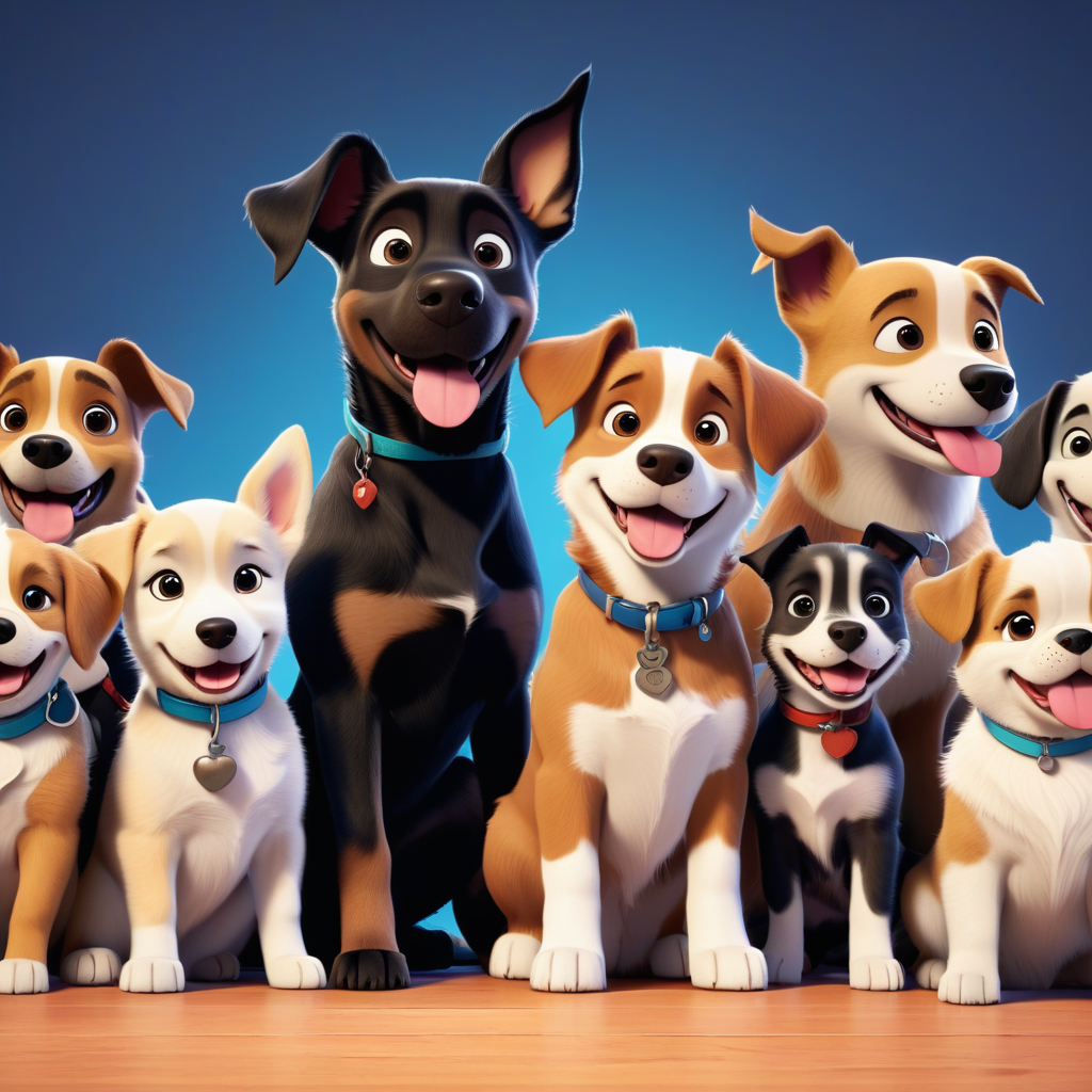 An engaging collage of different dog breeds popular in Cave Creek, Arizona, depicted in a sunny park setting. Show each breed interacting with families, highlighting their unique characteristics and playful nature, blending with the vibrant desert scenery.