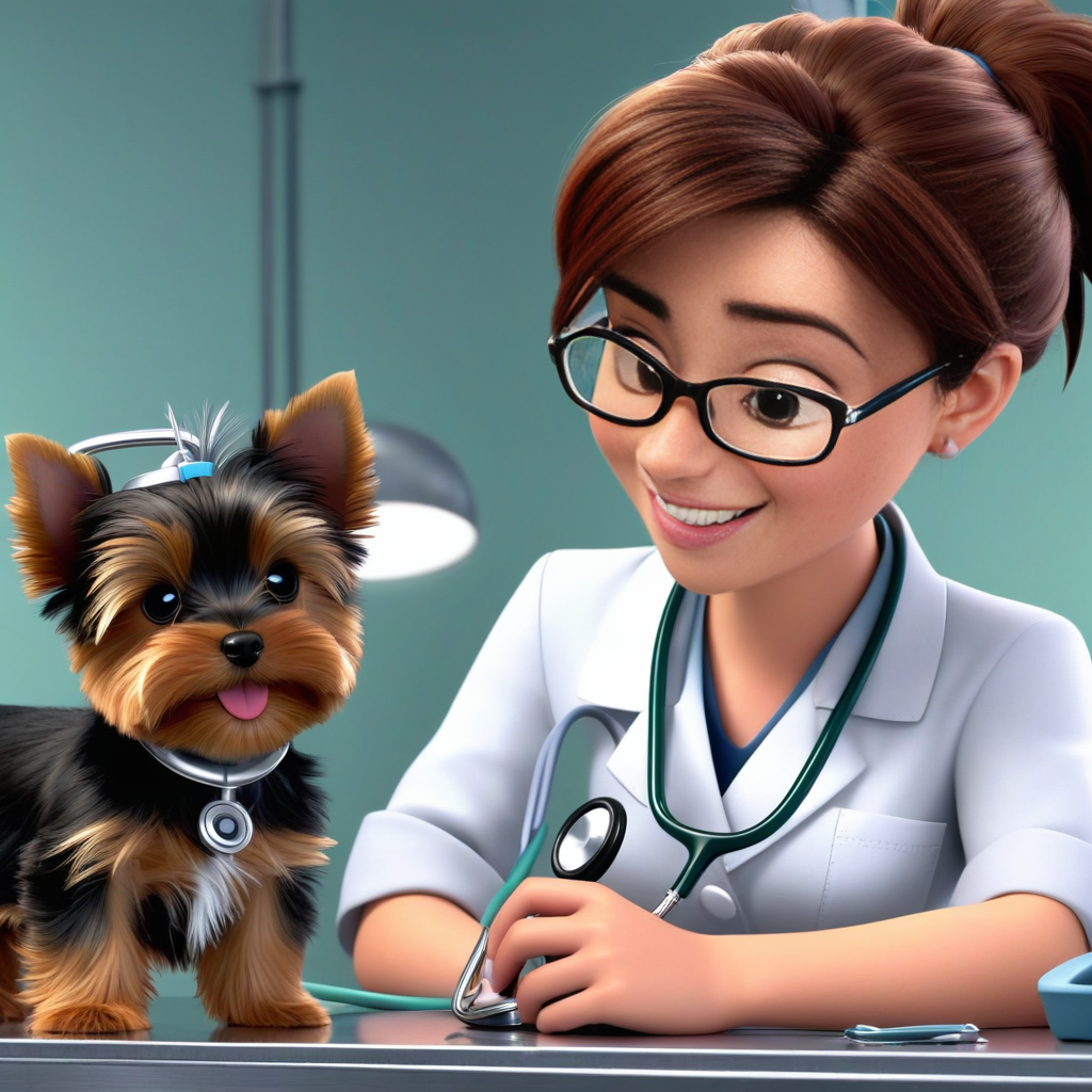 A close-up shot of a veterinarian examining a playful puppy in a bright clinic. Include the puppy's owner looking pleased, with health certificates and vaccination records visibly displayed on the table, emphasizing care and professionalism.